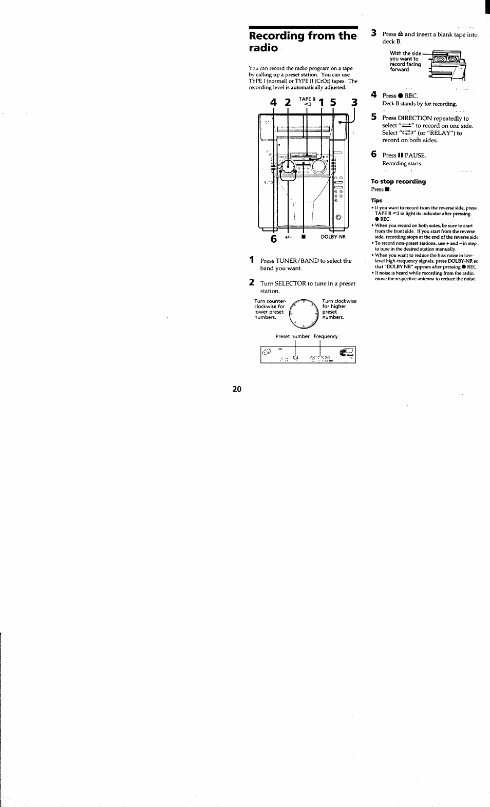 Recording from the radio, To stop recording, Tips | Sony MHC-MC1 User Manual | Page 20 / 56