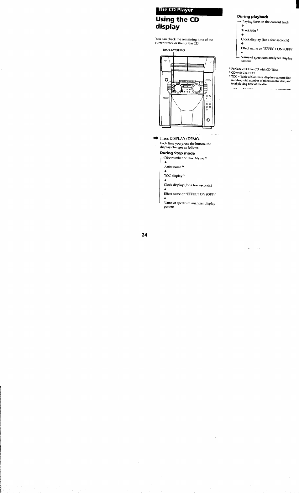 E cd player, Using the cd display, During playback | During stop mode | Sony MHC-MC1 User Manual | Page 24 / 56