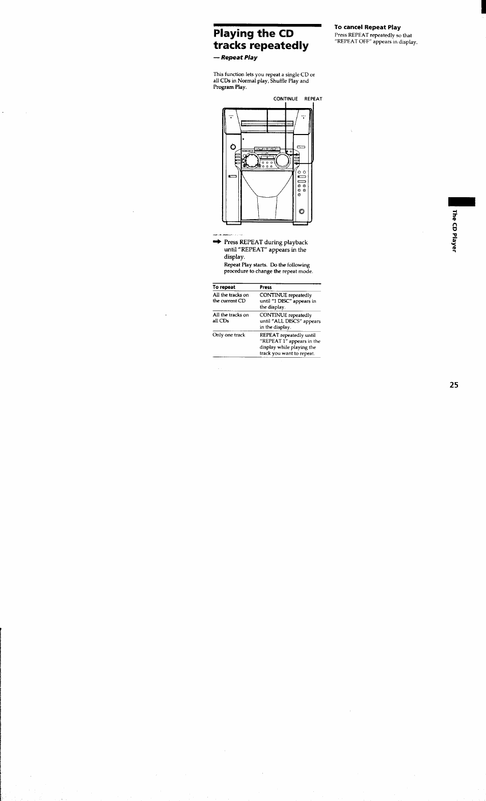 Playing the cd tracks repeatedly, To cancel repeat play | Sony MHC-MC1 User Manual | Page 25 / 56