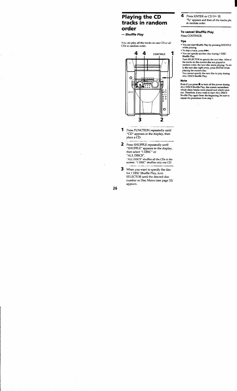 Playing the cd tracks in random order, To cancel shuffle play, Tips | Note | Sony MHC-MC1 User Manual | Page 26 / 56