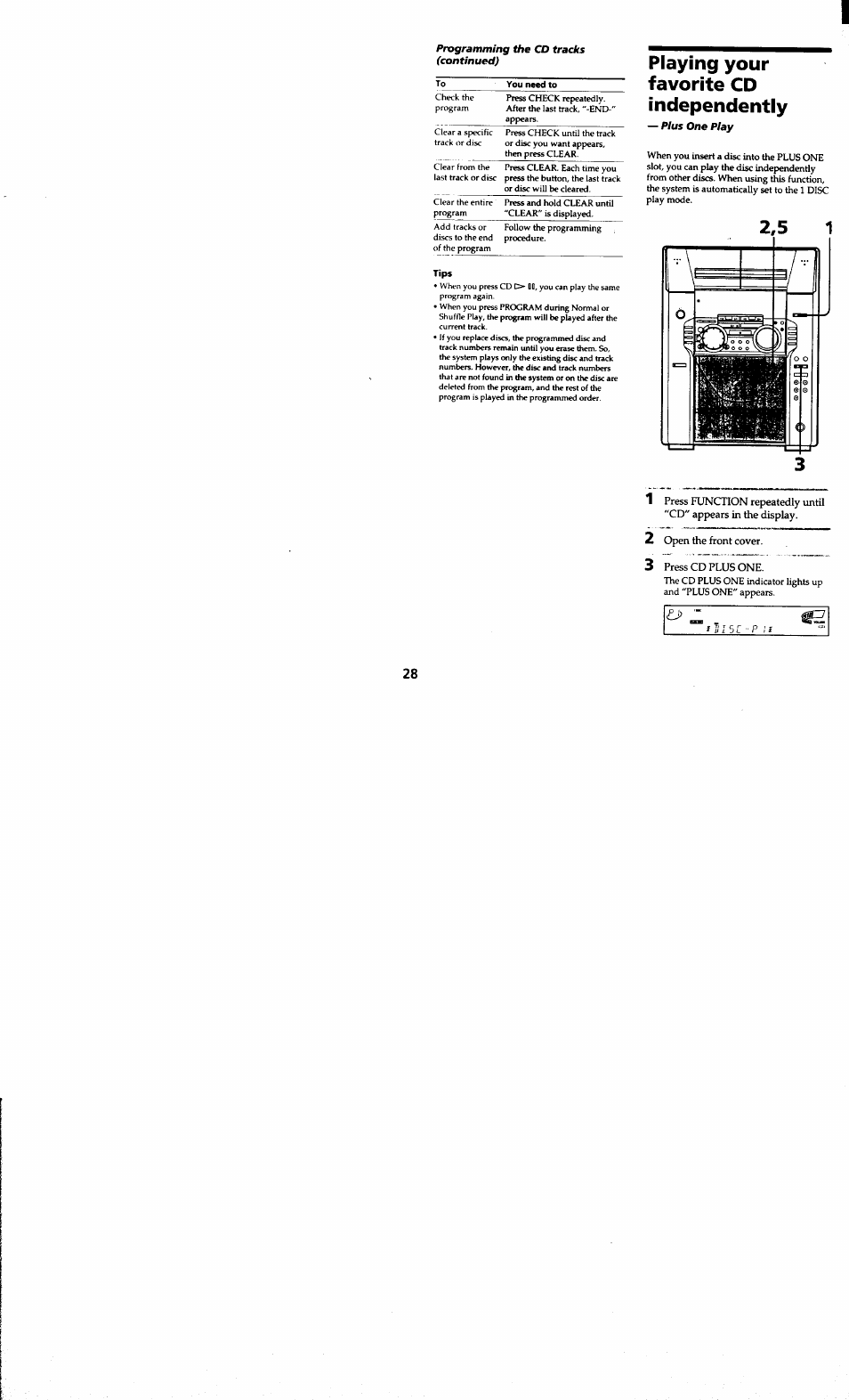Tips, Playing your favorite cd independently, 2 open the front cover | 3 press cd plus one | Sony MHC-MC1 User Manual | Page 28 / 56
