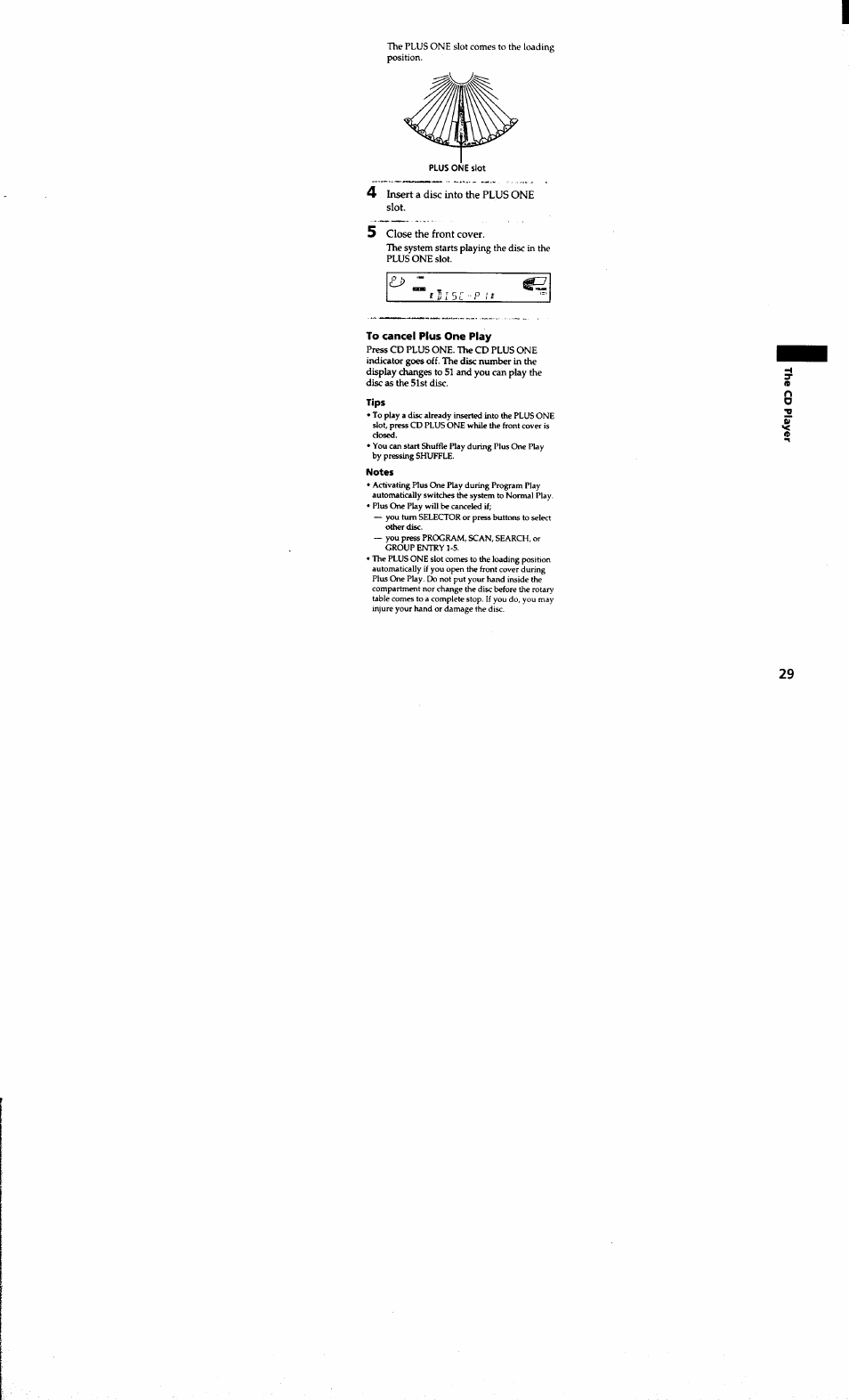 4 insert a disc into the plus one slot, 5 close the front cover, To cancel plus one play | Tips, Notes | Sony MHC-MC1 User Manual | Page 29 / 56