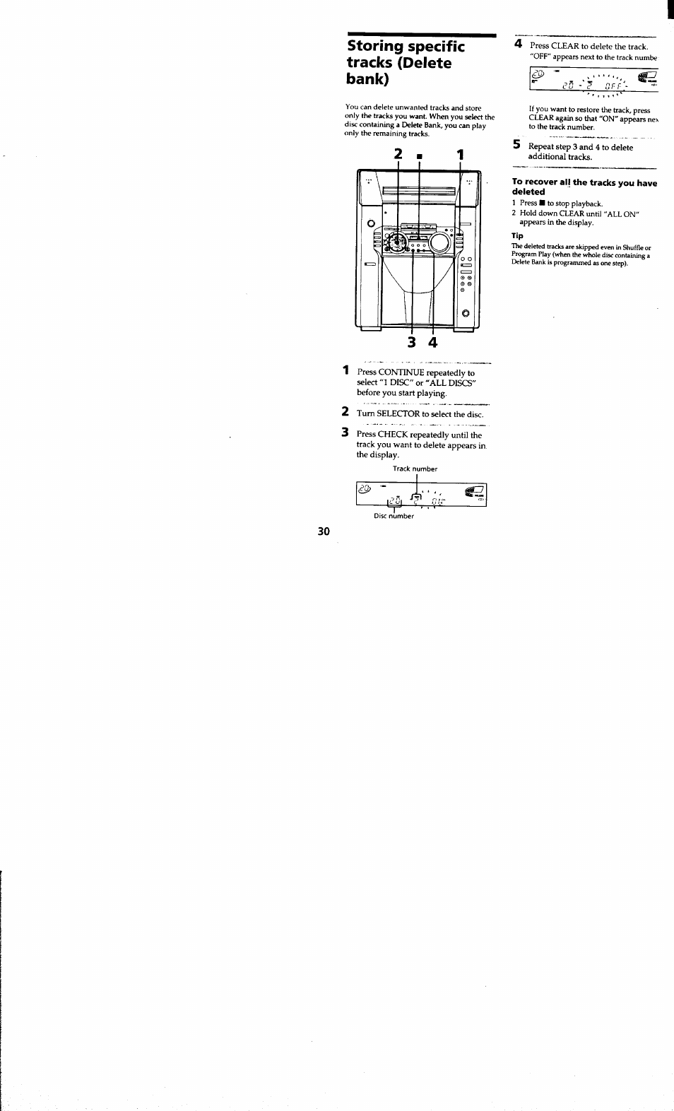 Storing specific tracks (delete bank), Turn selector to select the disc, 5 repeat step 3 and 4 to delete additional tracks | To recover all the tracks you have deleted | Sony MHC-MC1 User Manual | Page 30 / 56