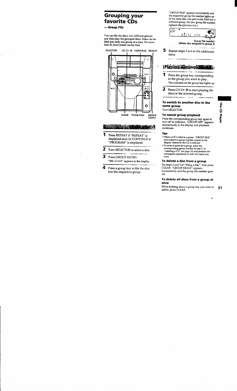 Grouping your favorite cds, To switch to another disc in the same group, To cancel group playback | Tips, To delete a disc from a group, To delete all discs from a group at once | Sony MHC-MC1 User Manual | Page 31 / 56
