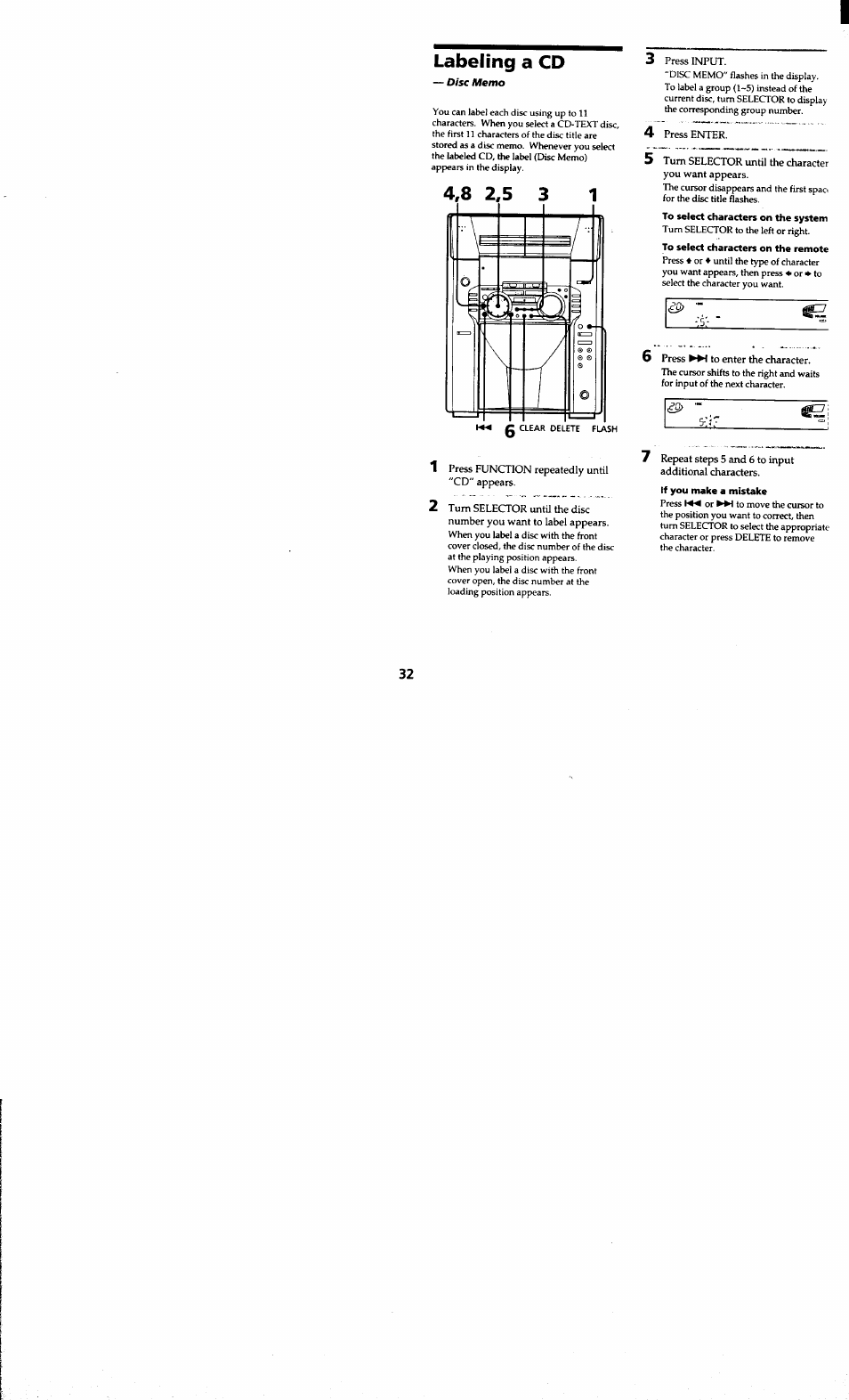 Labeling a cd, Disc avemo, 1 press function repeatedly until "cd" appears | Press input, 4 press enter, To select characters on the system, To select characters on the remote, If you make a mistake | Sony MHC-MC1 User Manual | Page 32 / 56