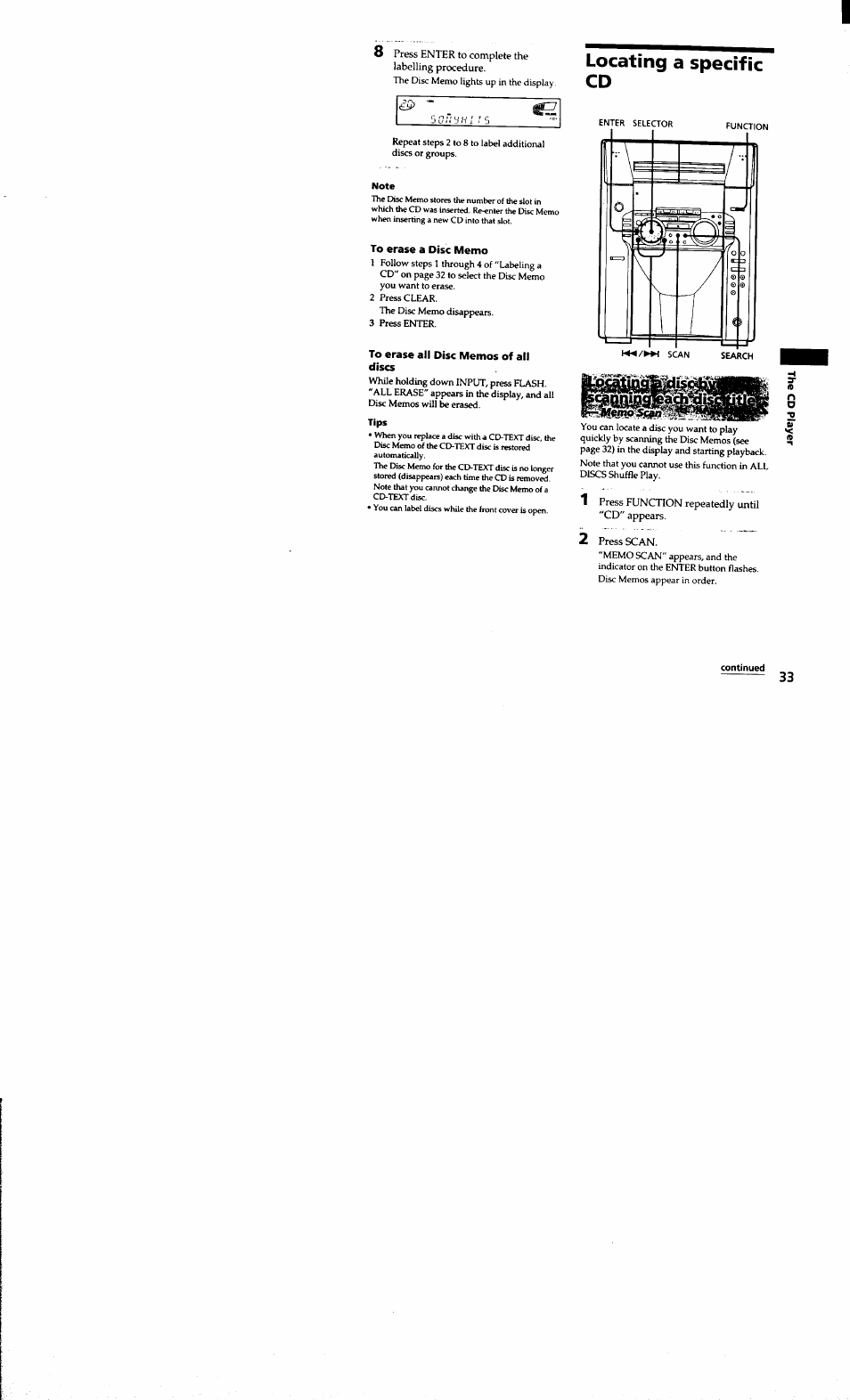 8 press enter to complete the labelling procedure, Note, To erase a disc memo | To erase all disc memos of all discs, Tips, Locating a specific cd, 1 press function repeatedly until "cd" appears, Press scan, Continued | Sony MHC-MC1 User Manual | Page 33 / 56