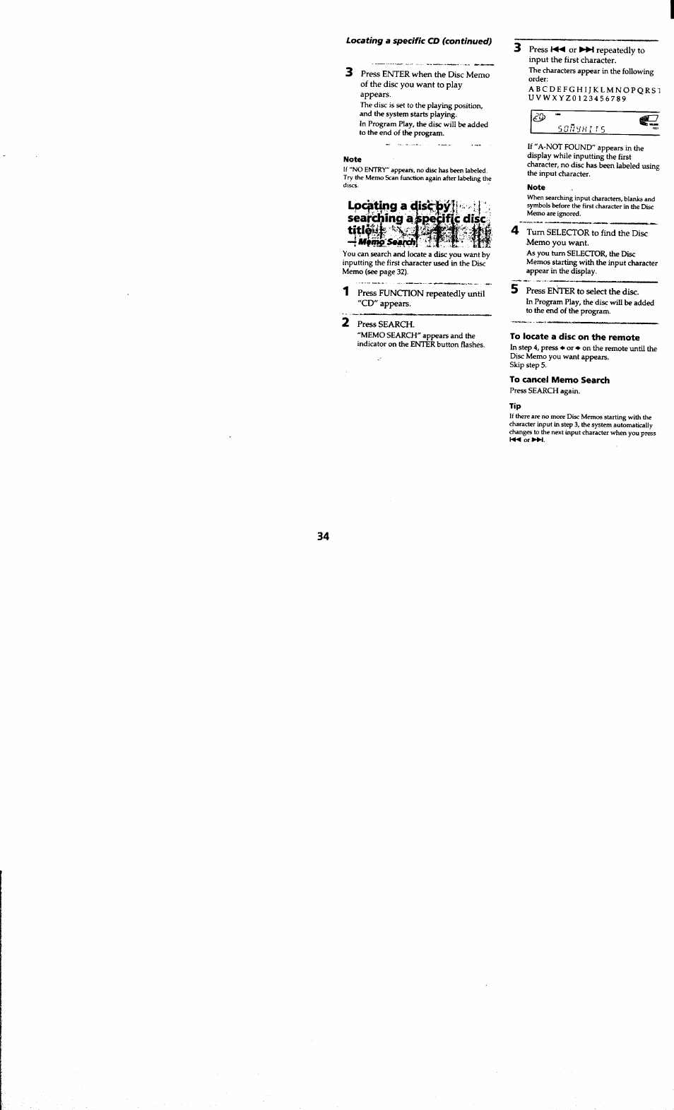 Note, To locate a disc on the remote, To cancel memo search | Lpc^^g a disc|)y|| sealtdhing a: specific disc | Sony MHC-MC1 User Manual | Page 34 / 56