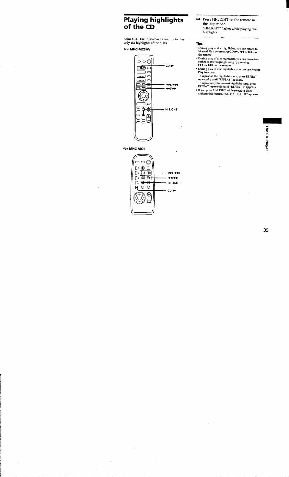 Playing highlights of the cd, For mhc-mc3av, Press hi-light on the remote in the stop mode | Tips | Sony MHC-MC1 User Manual | Page 35 / 56