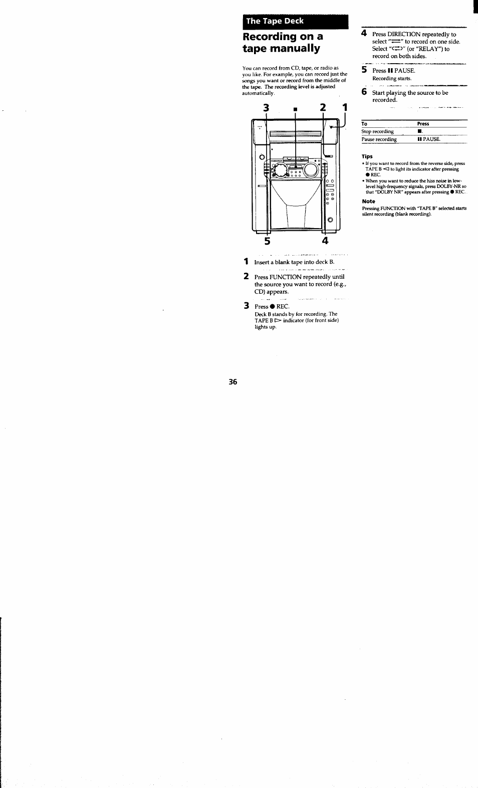 Recording on a tape manually, Tips, Note | Sony MHC-MC1 User Manual | Page 36 / 56