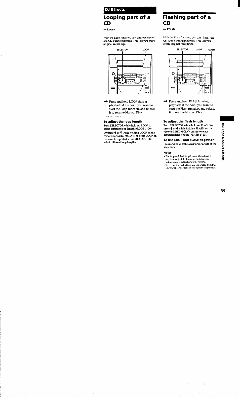 Dj effects, Looping part of a cd, Flashing part of a cd | To adjust the loop length, To adjust the flash length, To use loop and flash together, Notes | Sony MHC-MC1 User Manual | Page 39 / 56