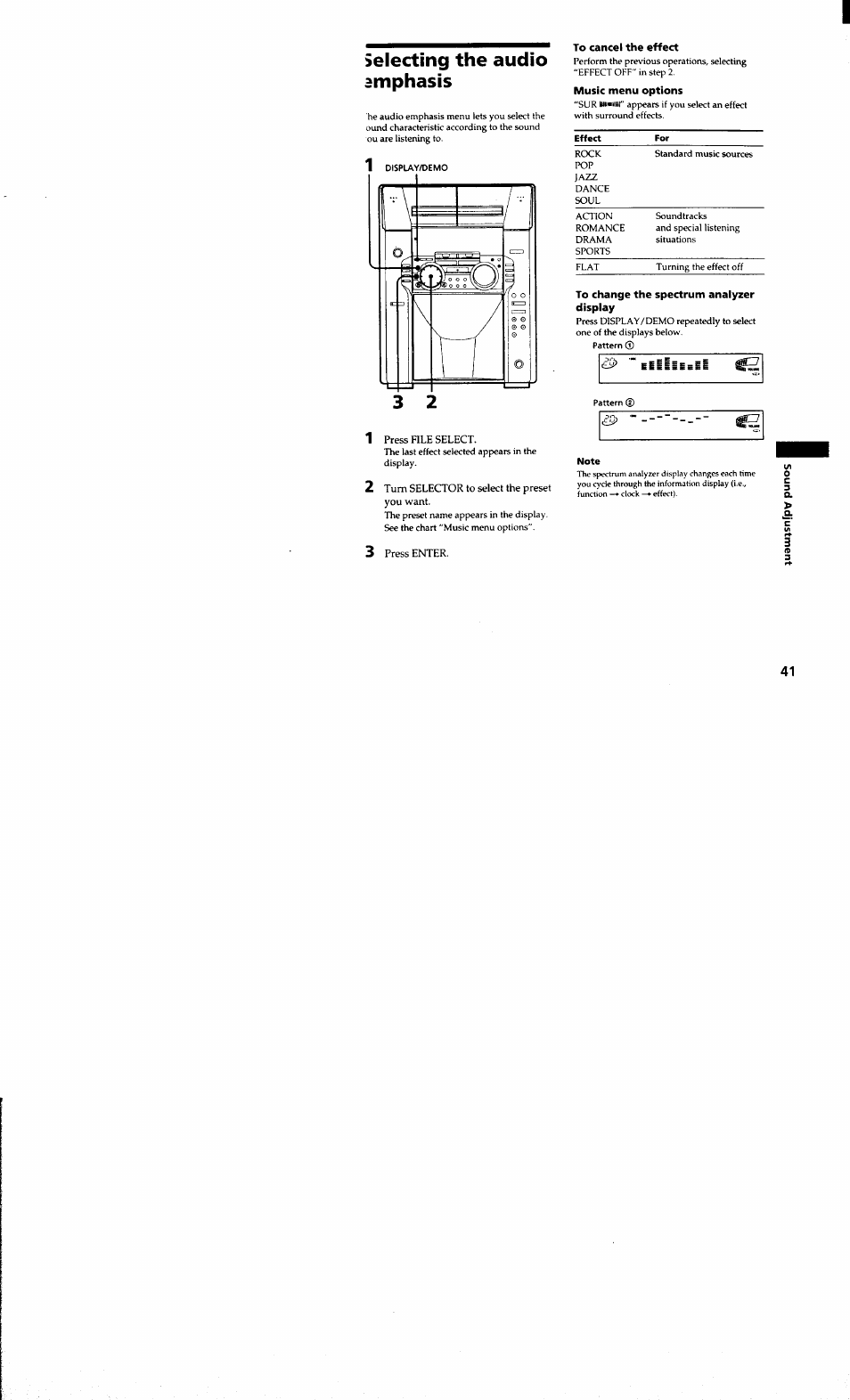 Selecting the audio amphasis, 1 press file select, 2 turn selector to select the preset you want | 3 press enter, To cancel the effect, Music menu options, To change the spectrum analyzer display, Selecting the audio emphasis | Sony MHC-MC1 User Manual | Page 41 / 56