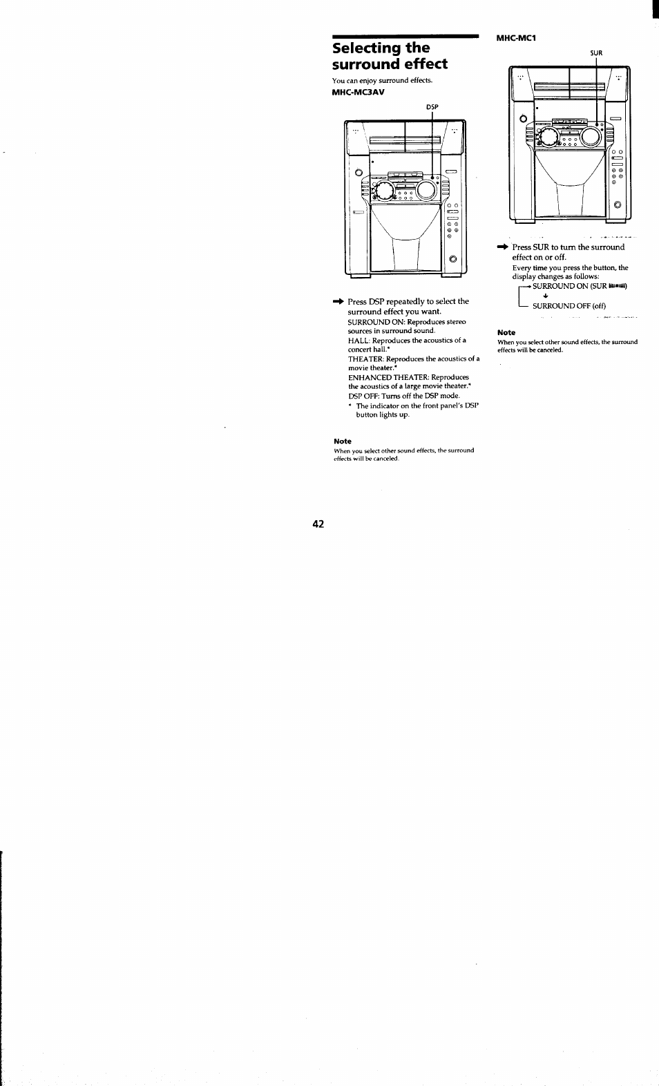 Selecting the surround effect, Mhomc3av, Note | Sony MHC-MC1 User Manual | Page 42 / 56