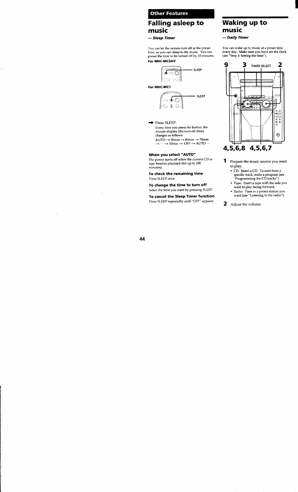 Falling asleep to music, For mhc-mc1, Press sleep | When you select "auto, To check the remaining time, To change the time to turn off, To cancel the sleep timer function, Prepare the music source you want, To play, 2 adjust the volume | Sony MHC-MC1 User Manual | Page 44 / 56