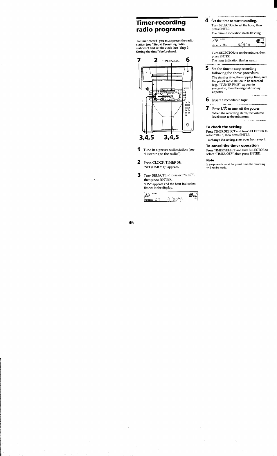 Timer-recording radio programs, Turn selector to selecl"rec", then press enter, 6 insert a recordable tape | 7 press l/c!) to turn off the power, To check the setting, To cancel the timer operation, Note | Sony MHC-MC1 User Manual | Page 46 / 56