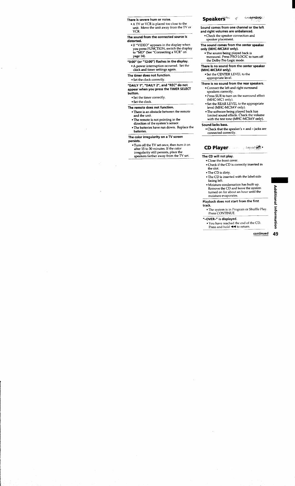 There is severe hum or noise, The sound from the conne:cted source is distorted, The remote does not function | Sound lacks bass, Cd player | Sony MHC-MC1 User Manual | Page 49 / 56