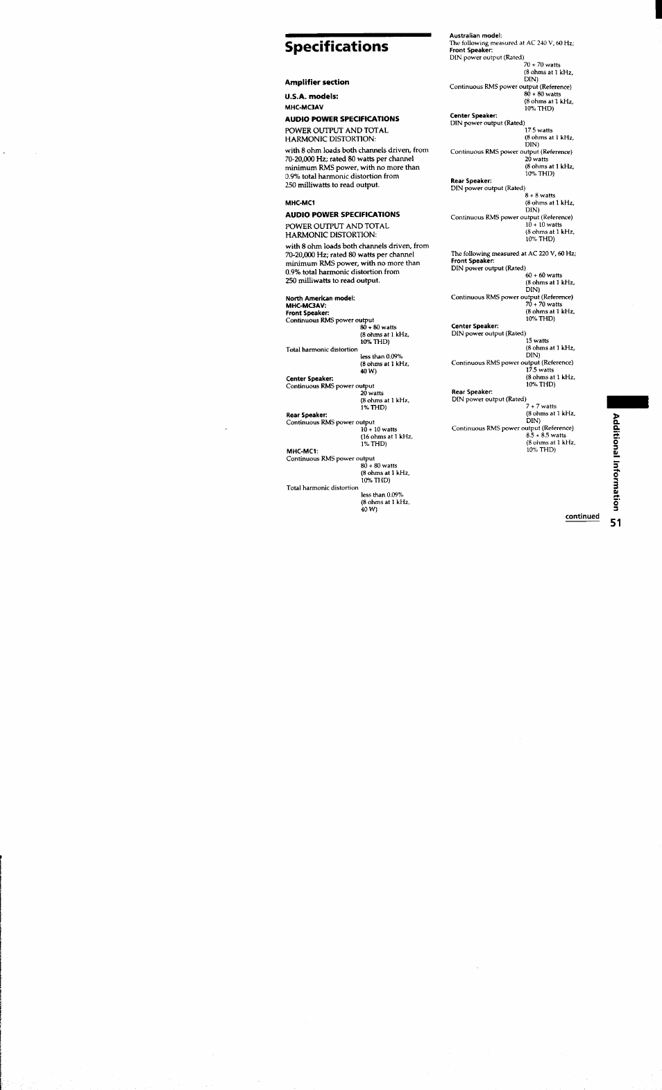 Specifications, Amplifier section, U.s.a. models | Audio power specifications | Sony MHC-MC1 User Manual | Page 51 / 56