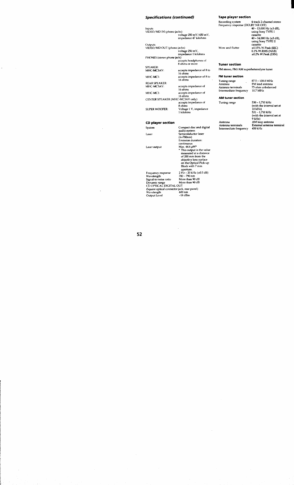 Tape player section, Tuner section, Cd player section | Sony MHC-MC1 User Manual | Page 52 / 56