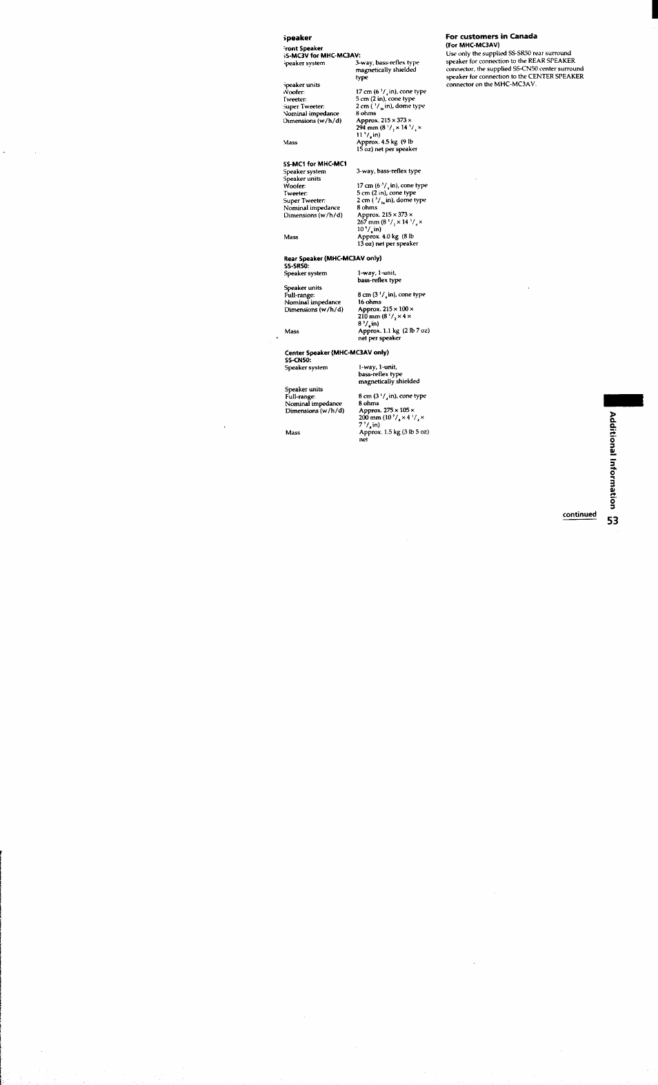 Speaker, For customers in canada, Continued | Speakers | Sony MHC-MC1 User Manual | Page 53 / 56