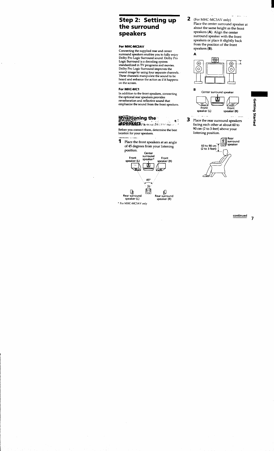 Step 2: setting up the surround speakers, For mhc-mc3av, For mhc-mc1 | Sony MHC-MC1 User Manual | Page 7 / 56