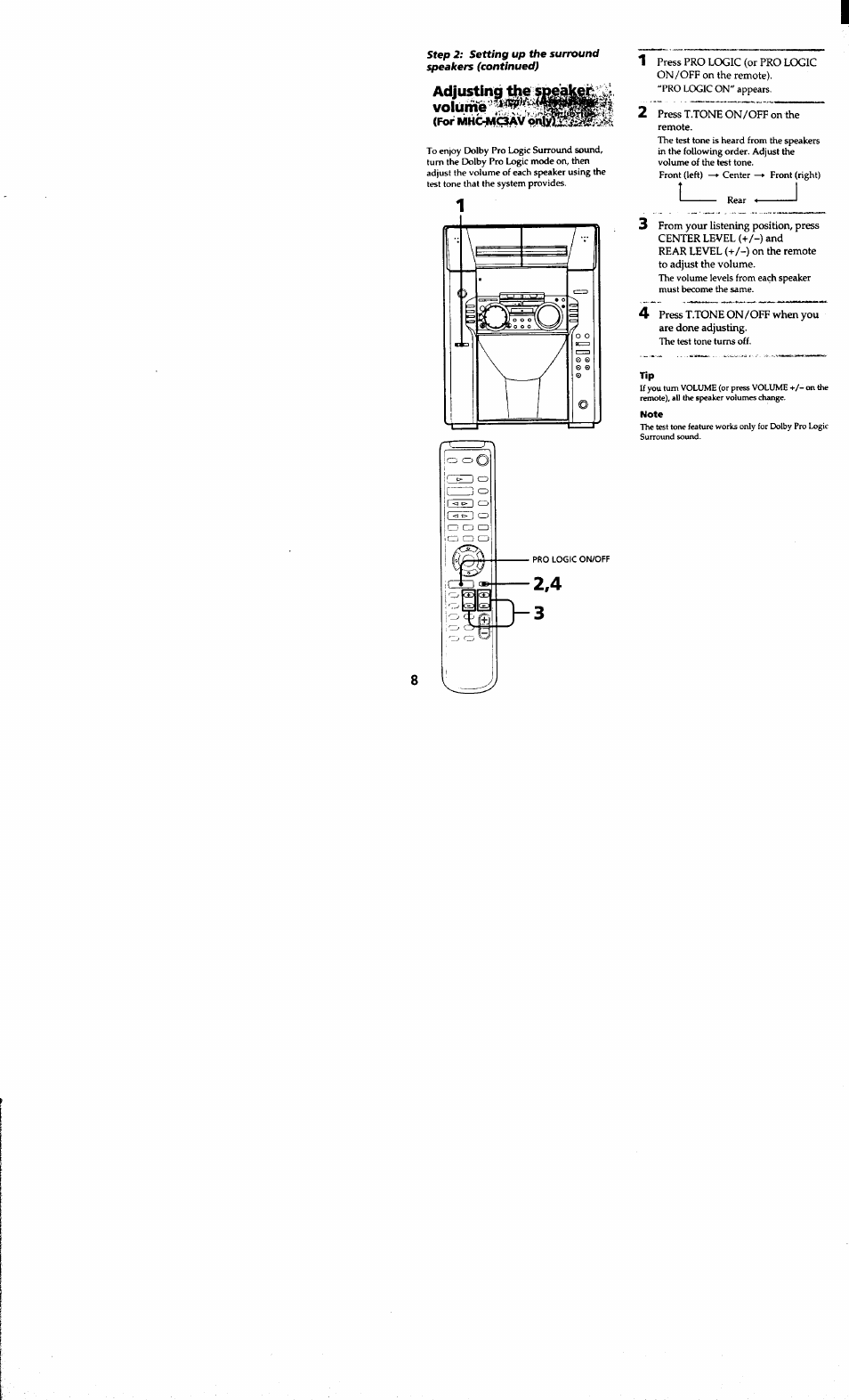 Note, Adjusting the | Sony MHC-MC1 User Manual | Page 8 / 56