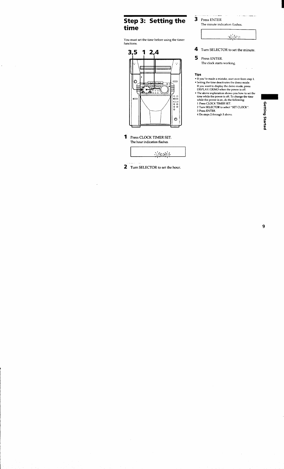 Step 3: setting the time, Tips, 2 turn selector to set the hour | Sony MHC-MC1 User Manual | Page 9 / 56