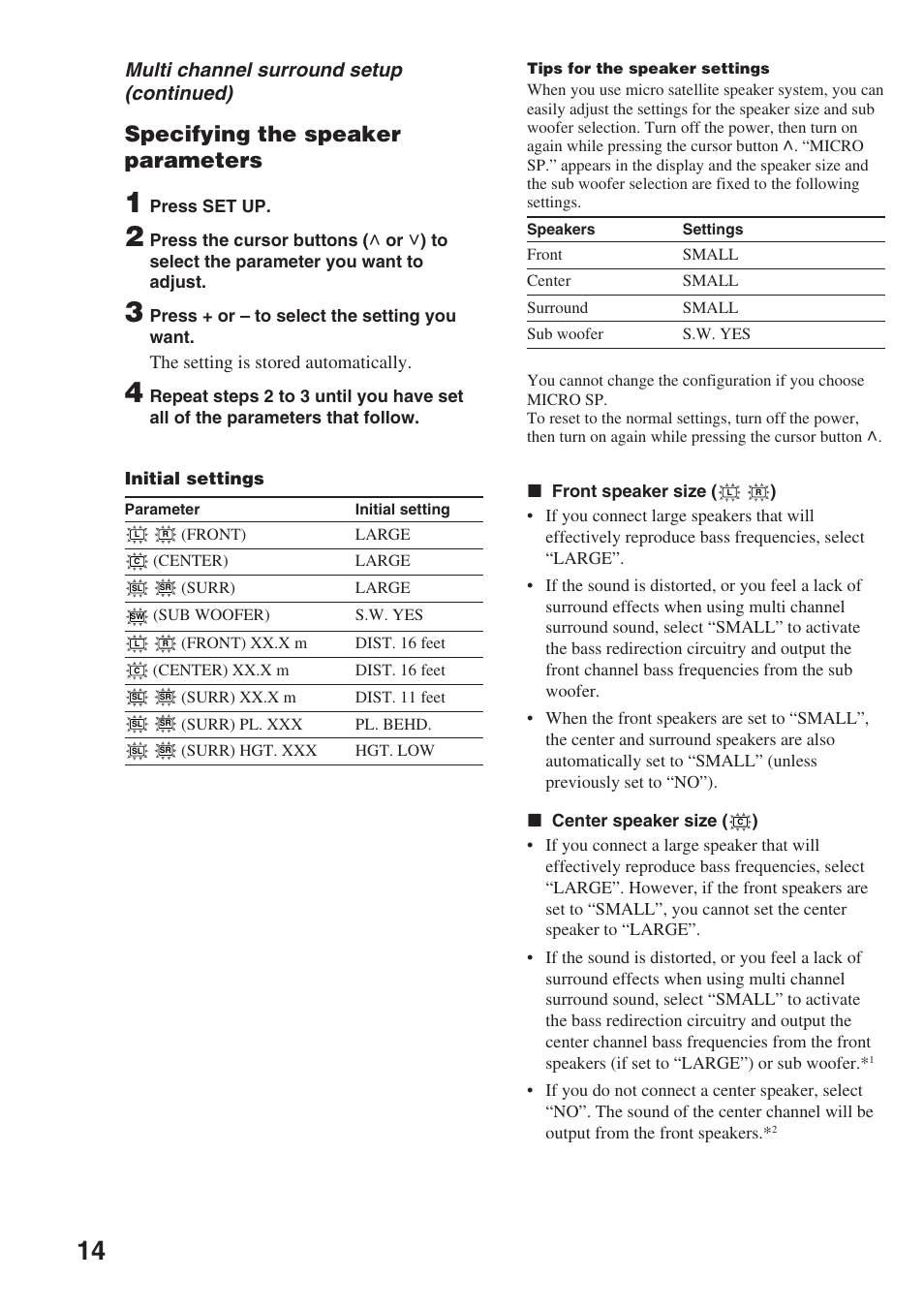 Specifying the speaker parameters, Multi channel surround setup (continued) | Sony STR-SL7 User Manual | Page 14 / 36