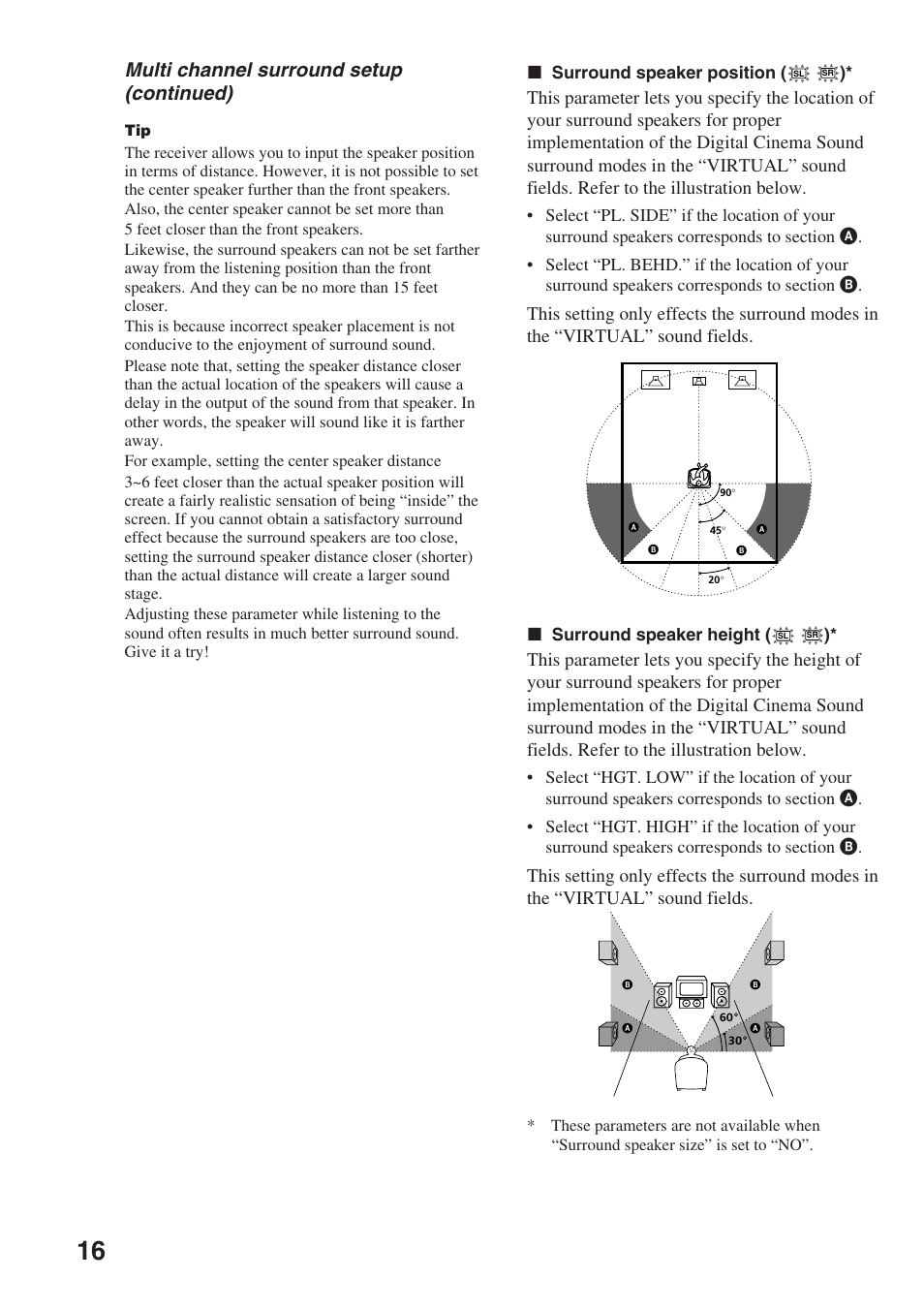 Multi channel surround setup (continued), X surround speaker position, X surround speaker height | Sony STR-SL7 User Manual | Page 16 / 36