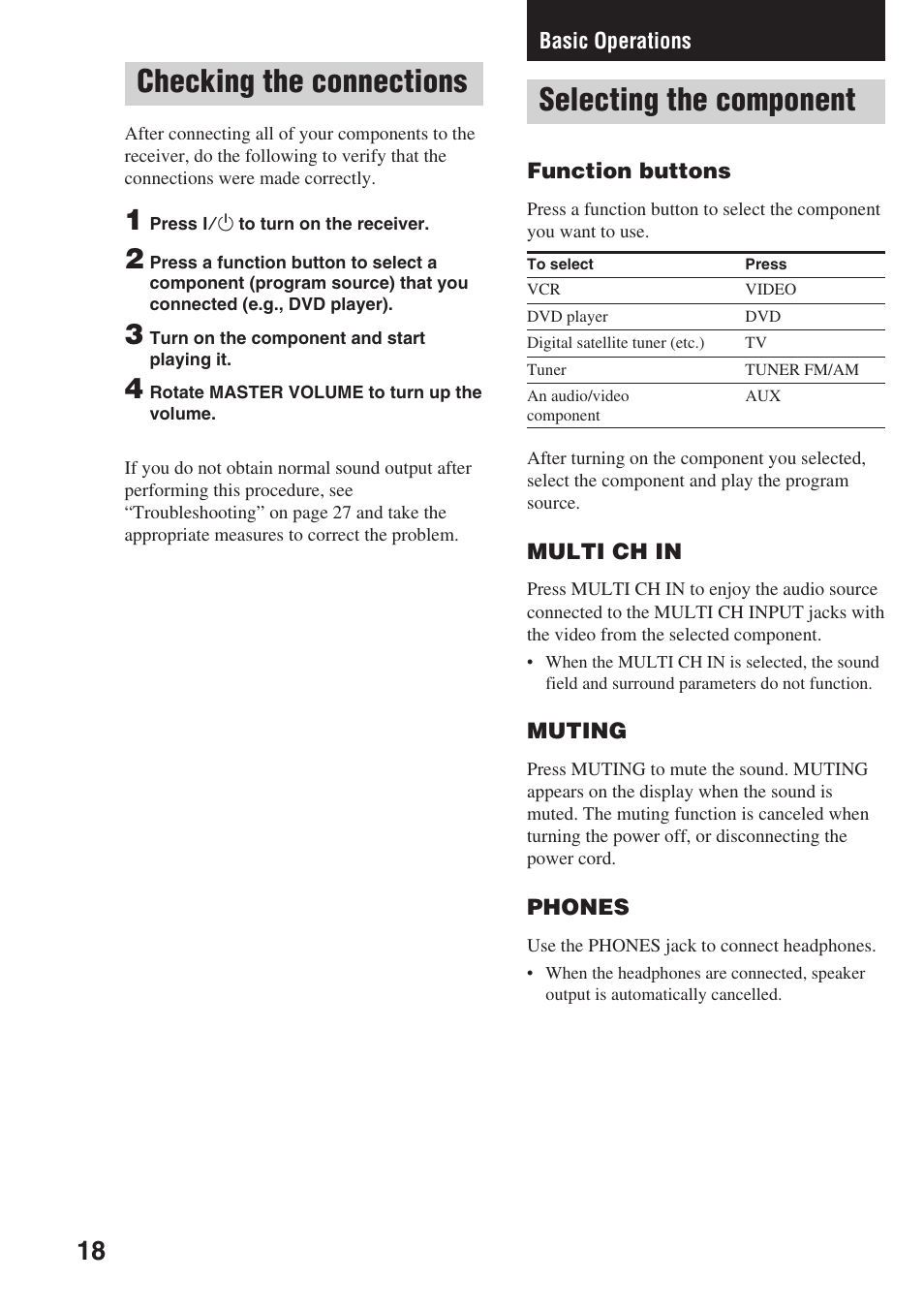 Checking the connections, Basic operations, Selecting the component | Sony STR-SL7 User Manual | Page 18 / 36