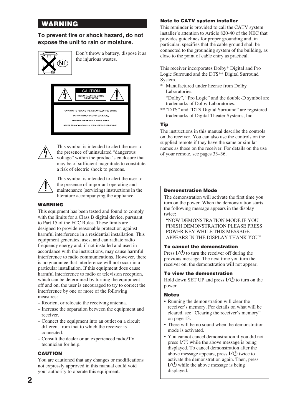 Warning | Sony STR-SL7 User Manual | Page 2 / 36