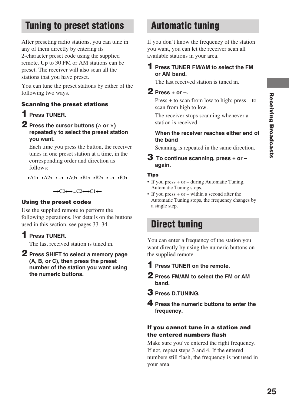 Tuning to preset stations, Automatic tuning, Direct tuning | Sony STR-SL7 User Manual | Page 25 / 36