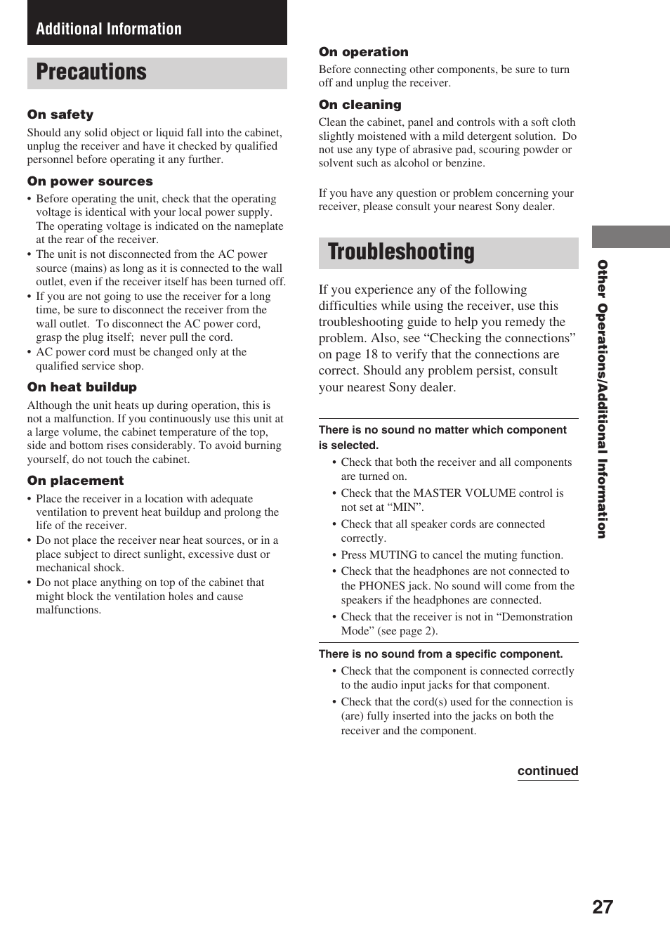 Additional information, Precautions, Troubleshooting | Sony STR-SL7 User Manual | Page 27 / 36