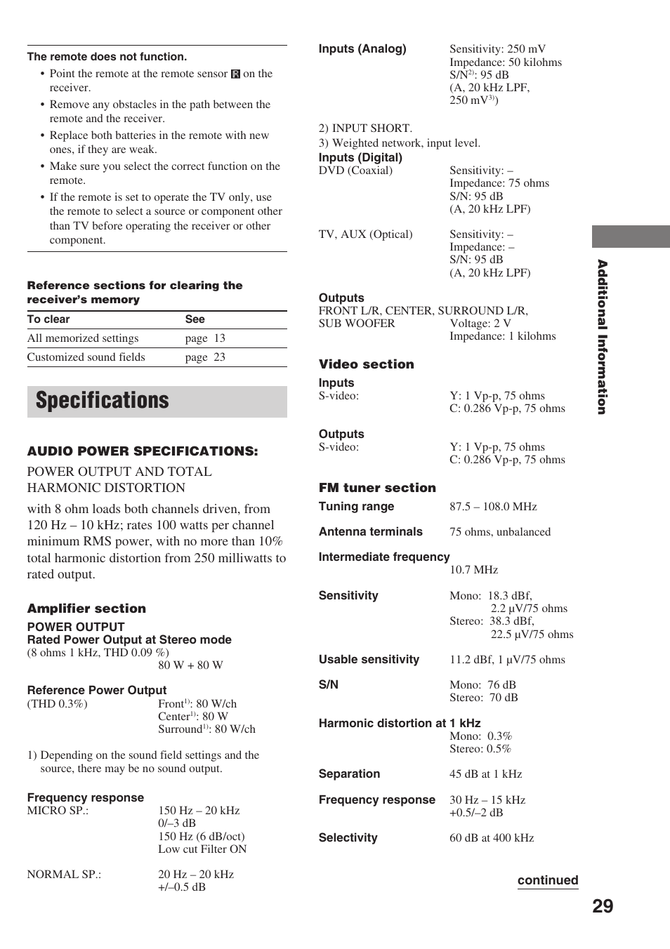 Specifications | Sony STR-SL7 User Manual | Page 29 / 36