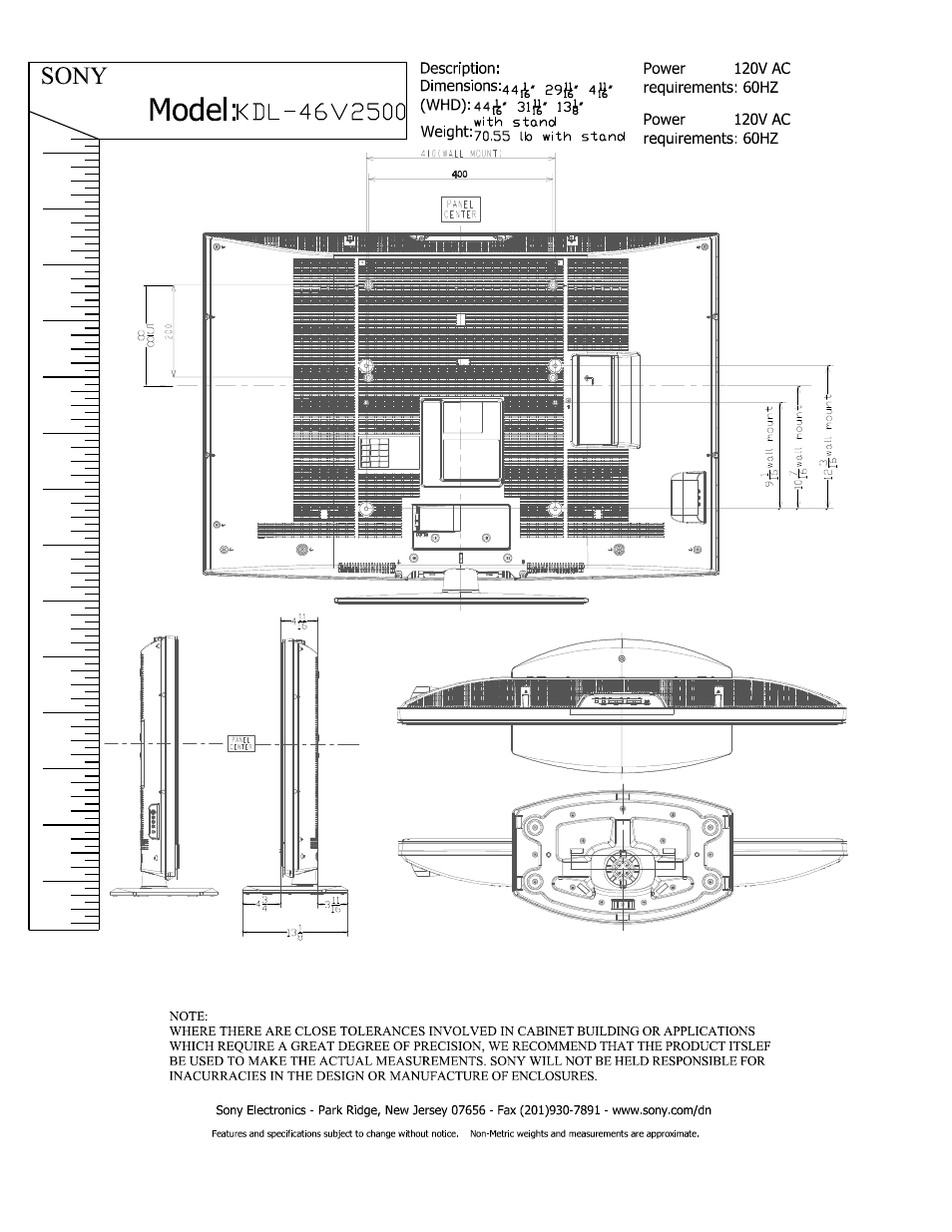 Sony, Modelxdl-46v2500 | Sony KDL-46V2500 User Manual | Page 2 / 2