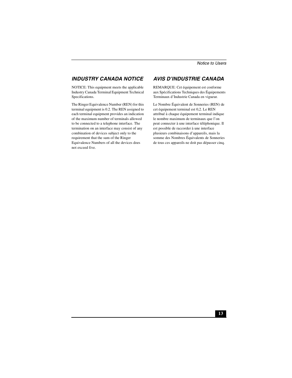 Industry canada notice, Avis d’industrie canada | Sony PCG-GRT100K User Manual | Page 13 / 80
