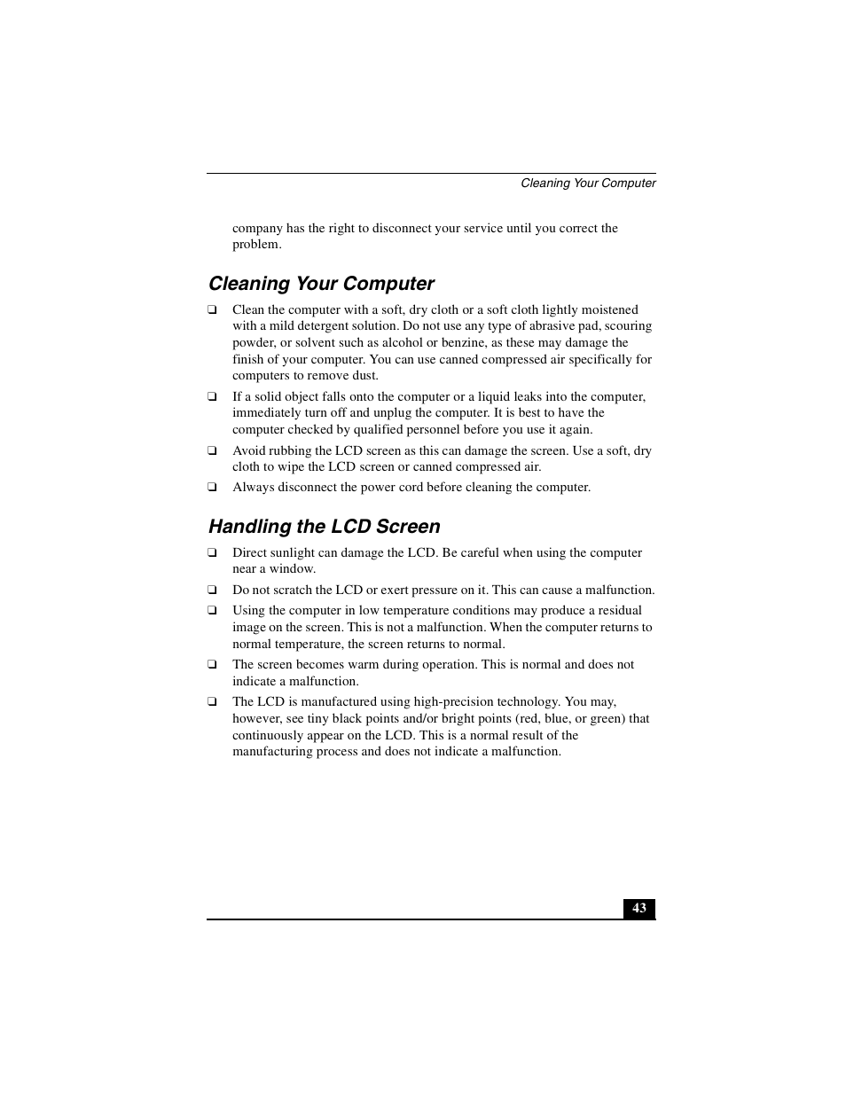 Cleaning your computer, Handling the lcd screen, Cleaning your computer handling the lcd screen | Sony PCG-GRT100K User Manual | Page 43 / 80