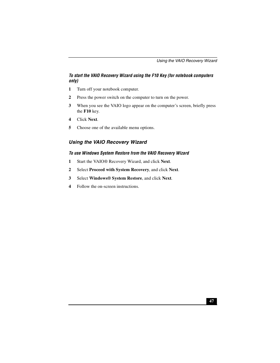 Using the vaio recovery wizard, Windows® system restore | Sony PCG-GRT100K User Manual | Page 53 / 80