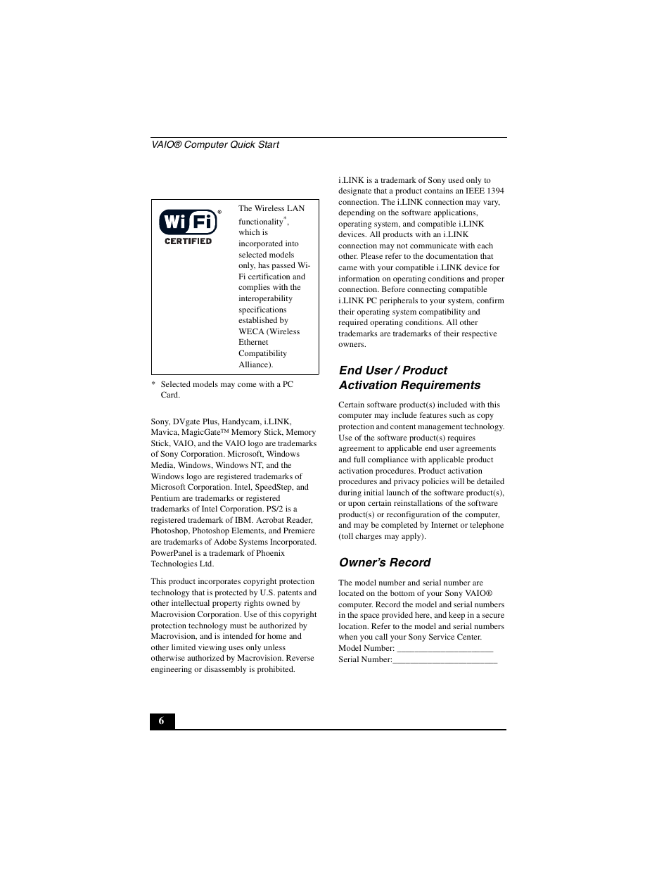 End user / product activation requirements, Owner’s record | Sony PCG-GRT100K User Manual | Page 6 / 80