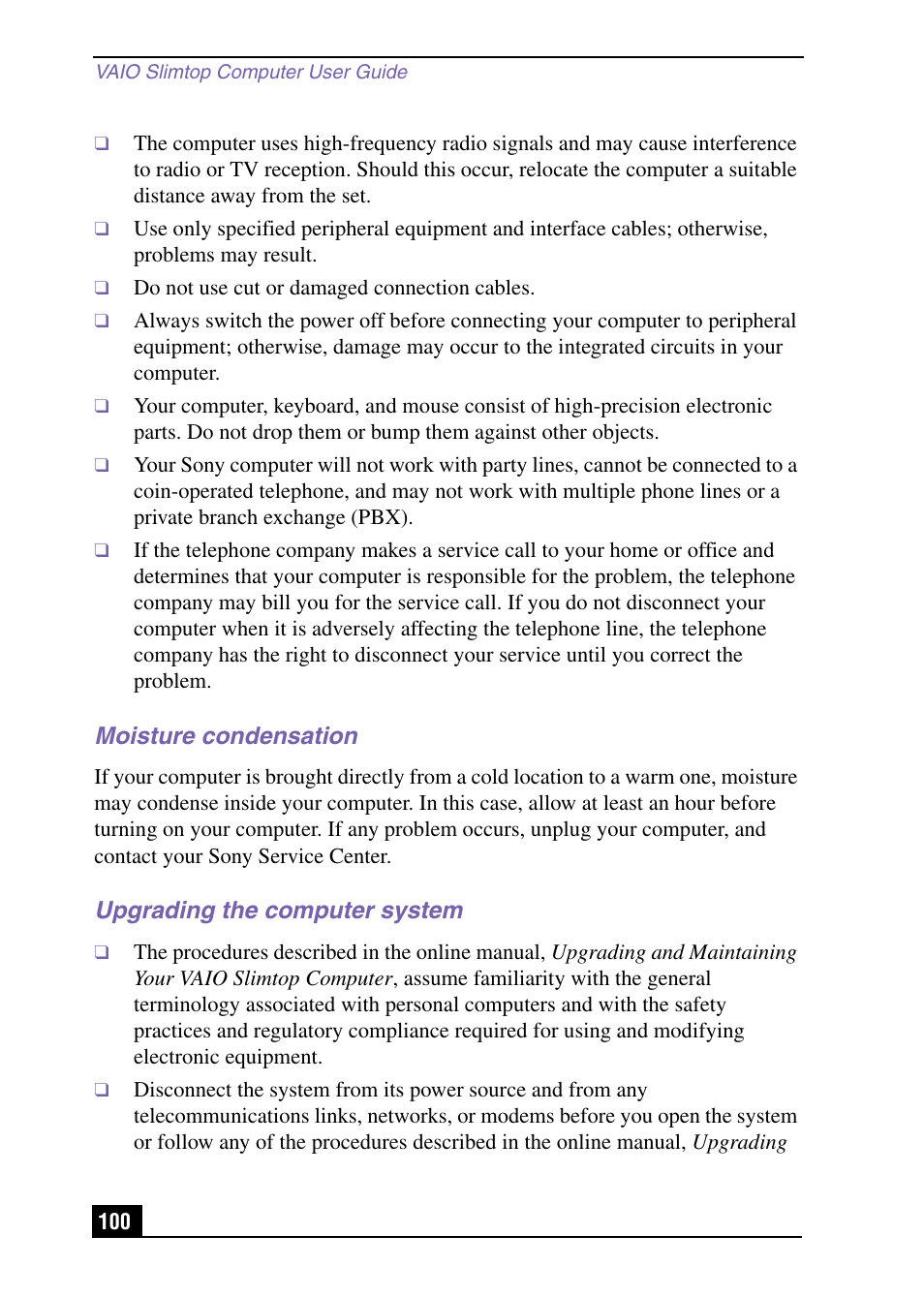 Moisture condensation, Upgrading the computer system | Sony PCV-LX920 User Manual | Page 100 / 112