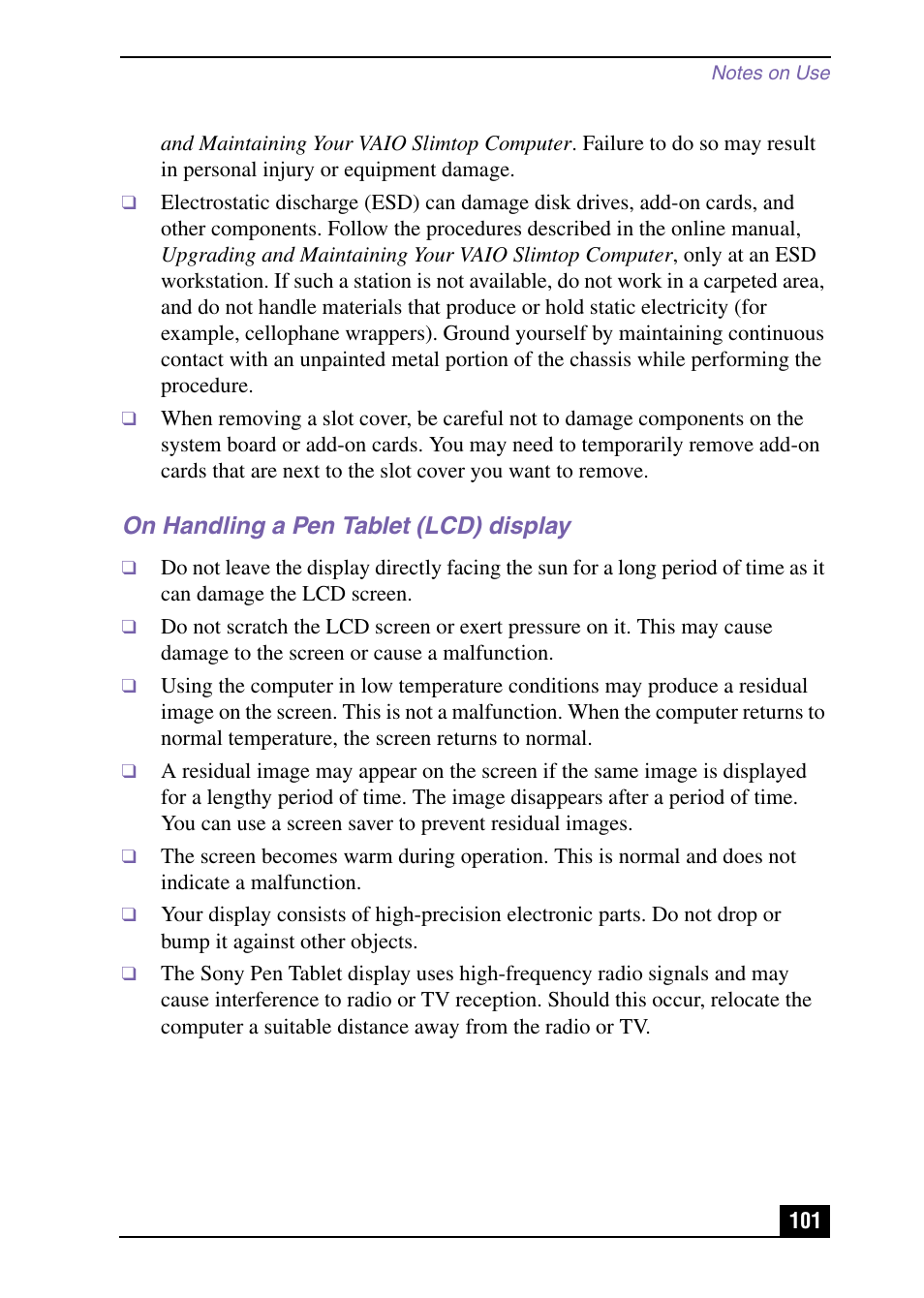 On handling a pen tablet (lcd) display | Sony PCV-LX920 User Manual | Page 101 / 112