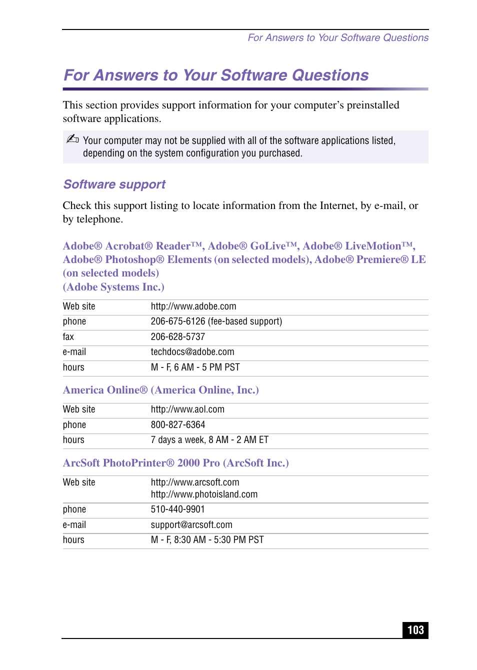 For answers to your software questions, Software support | Sony PCV-LX920 User Manual | Page 103 / 112