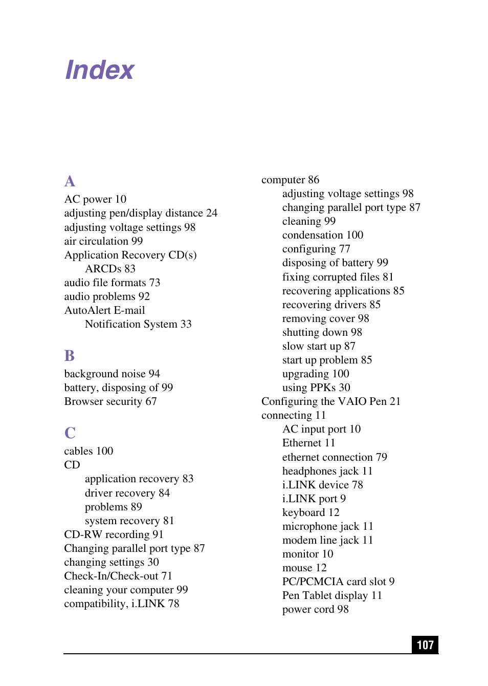 Index | Sony PCV-LX920 User Manual | Page 107 / 112