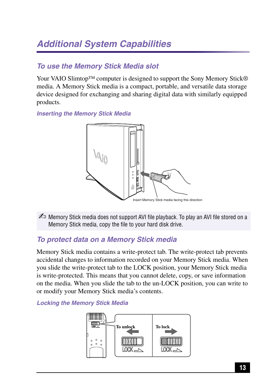 Additional system capabilities, To use the memory stick media slot, To protect data on a memory stick media | Sony PCV-LX920 User Manual | Page 13 / 112