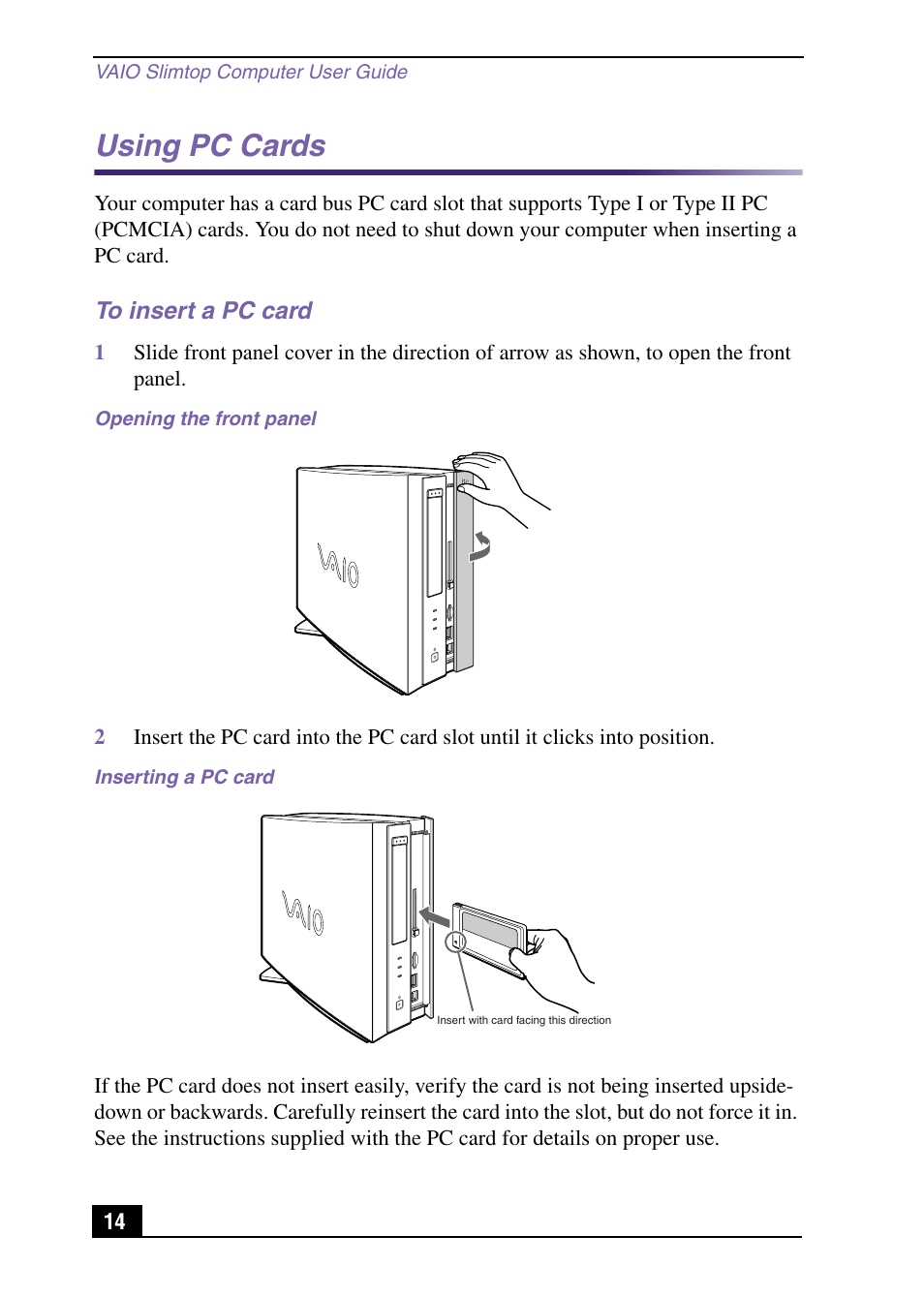 Using pc cards, To insert a pc card | Sony PCV-LX920 User Manual | Page 14 / 112