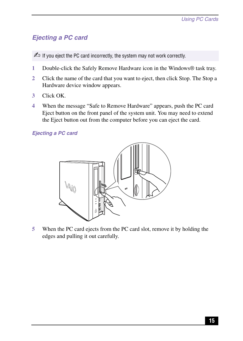 Ejecting a pc card | Sony PCV-LX920 User Manual | Page 15 / 112