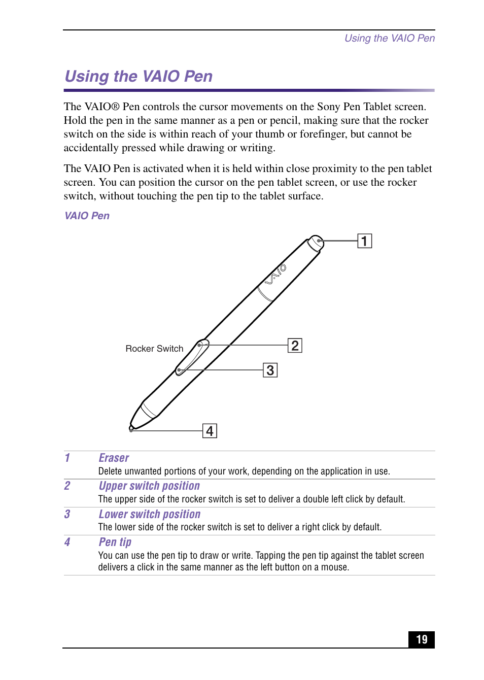 Using the vaio pen | Sony PCV-LX920 User Manual | Page 19 / 112