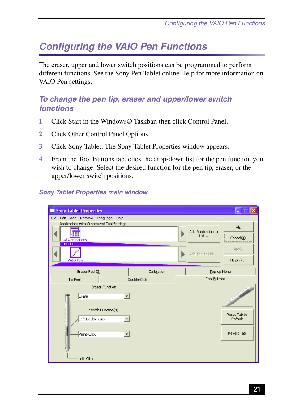 Configuring the vaio pen functions | Sony PCV-LX920 User Manual | Page 21 / 112