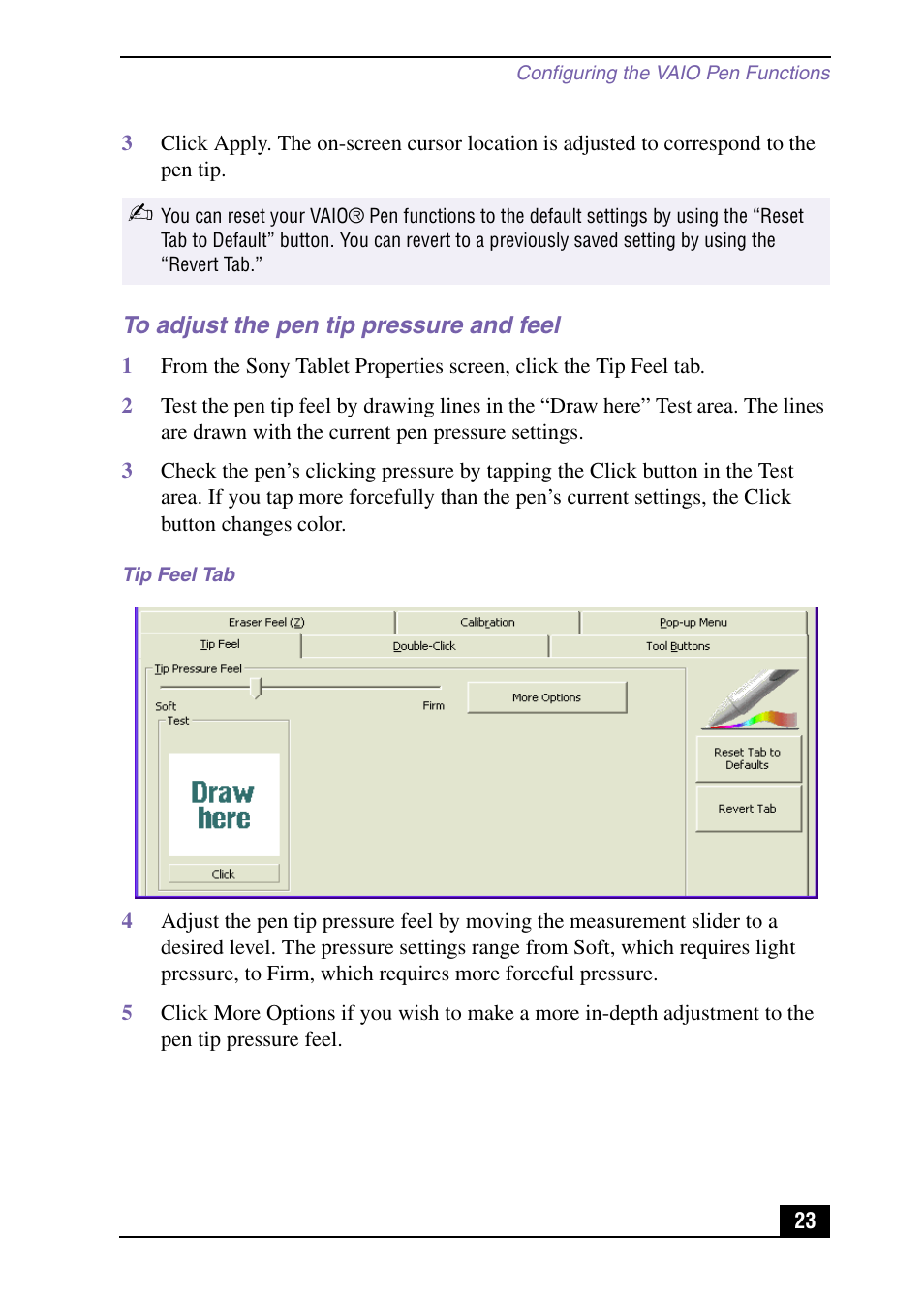 To adjust the pen tip pressure and feel | Sony PCV-LX920 User Manual | Page 23 / 112