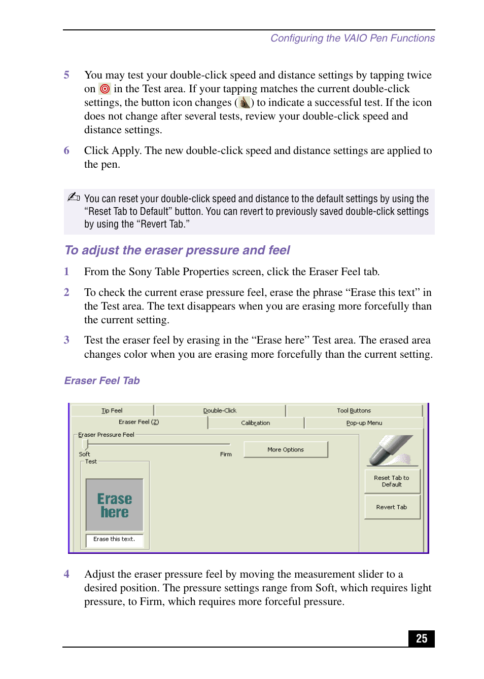 To adjust the eraser pressure and feel | Sony PCV-LX920 User Manual | Page 25 / 112