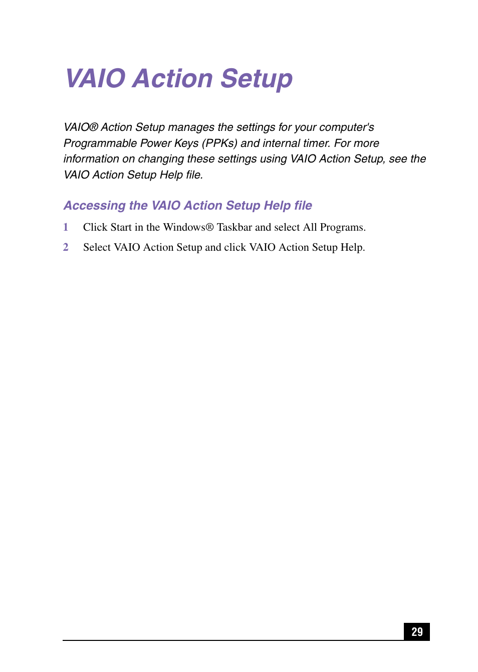 Vaio action setup, Accessing the vaio action setup help file | Sony PCV-LX920 User Manual | Page 29 / 112