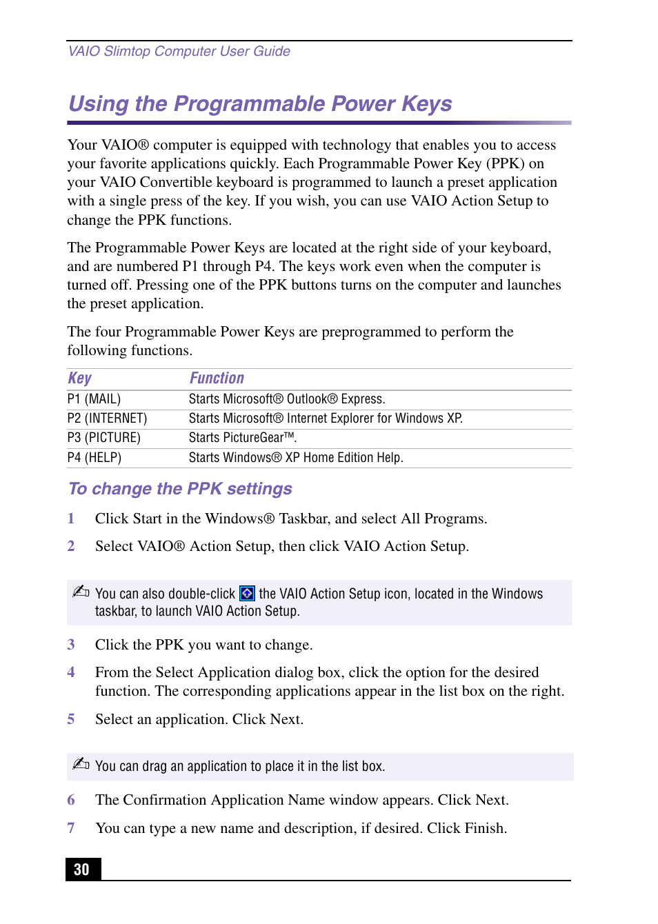 Using the programmable power keys, To change the ppk settings | Sony PCV-LX920 User Manual | Page 30 / 112